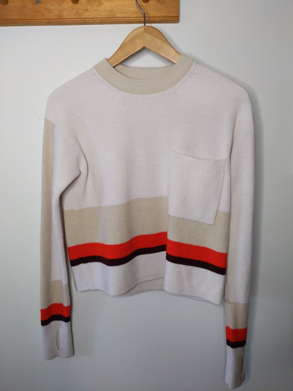Athleta Trailhead Cropped Sweater Women's XS Cream Red Black Stripe Merino Wool